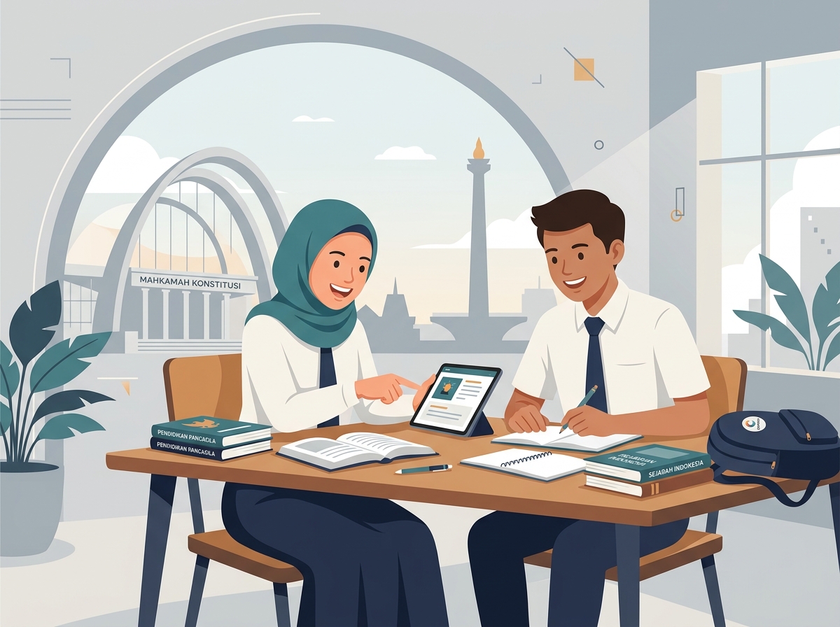 Ilustrasi siswa SMP belajar bersama materi Pendidikan Pancasila secara kolaboratif
